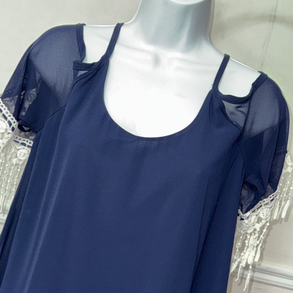 A'GACI Navy Blue Cold Shoulder Mini Dress‎ White Crochet Lace Fringe Small